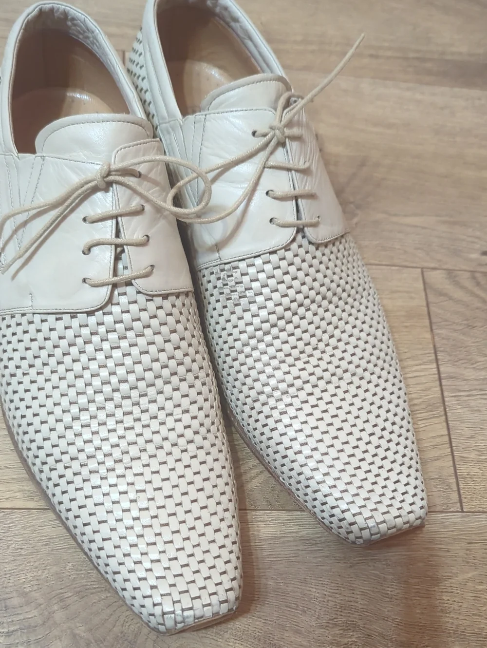 Armos Handcrafted Armenia Men's Woven Lace-Up Dress All Leather Shoes  Cream 43